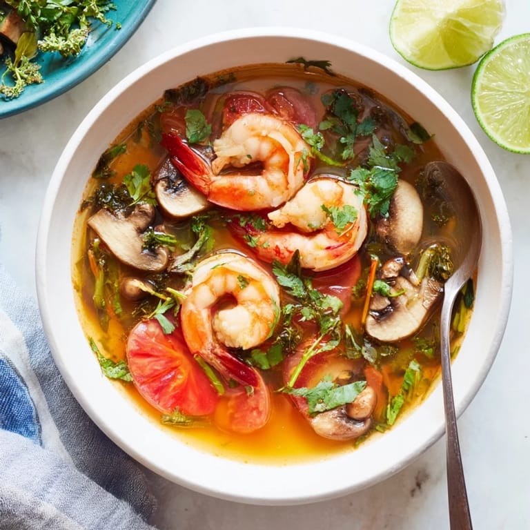 Spicy and sour Tom Yum Soup with tomatoes and Thai herbs, steaming in a rustic pot.