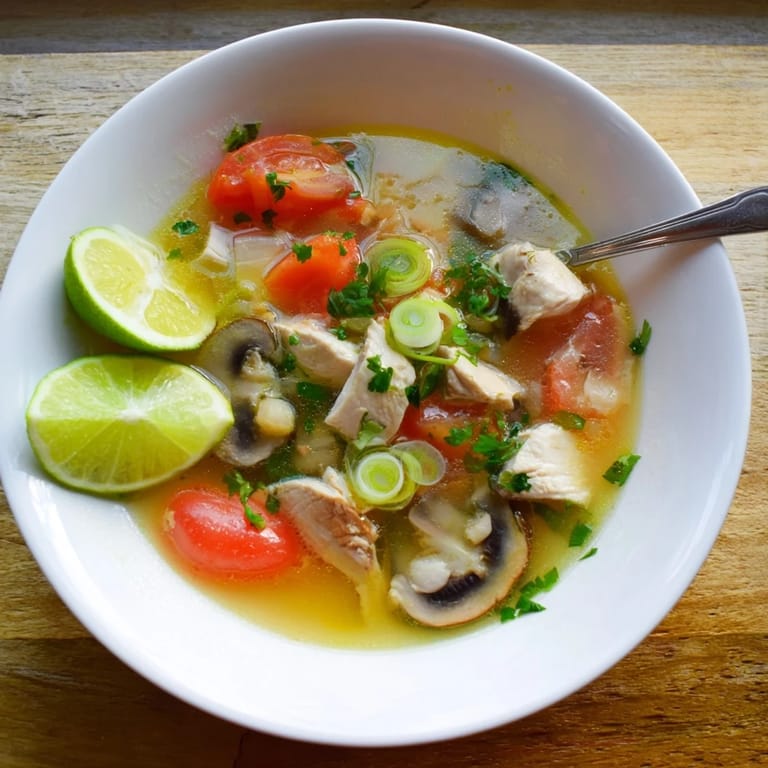 Steaming bowl of Thai Tom Yum Gai featuring fresh cilantro, sliced Thai chiles, and lime wedges on a rustic table.  