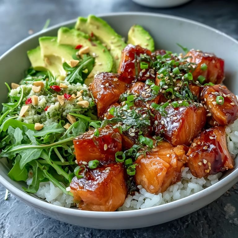 Visually appealing Avocado Salmon Bowl, piled high with fresh fish, healthy fats, and bright toppings.