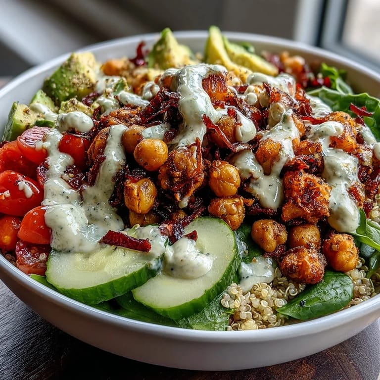 Healthy Buddha Bowl showcasing roasted sweet potatoes, quinoa, and creamy tahini dressing.