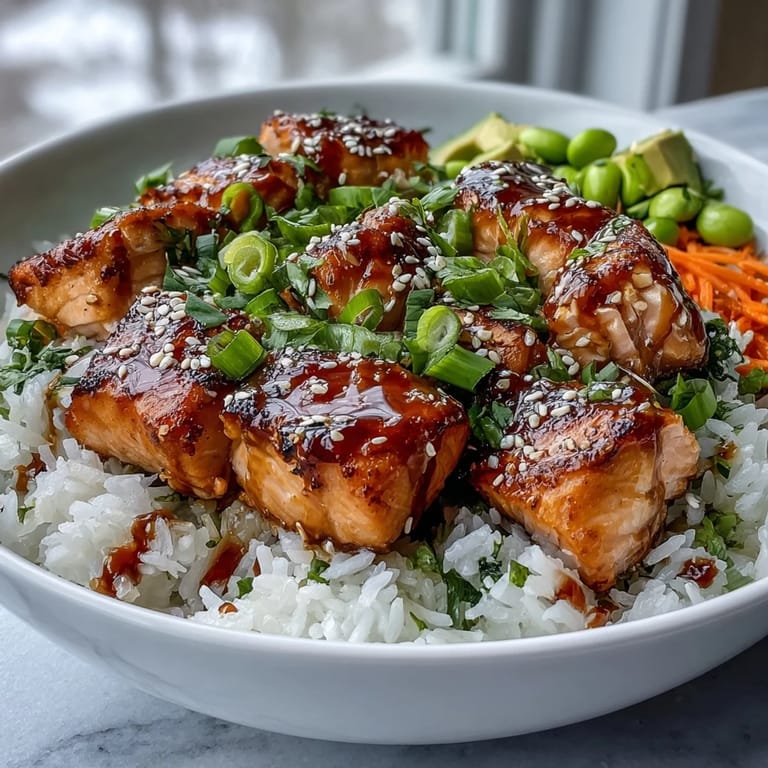 Savory Baked Salmon Rice Bowl topped with creamy avocado and zesty lime.
