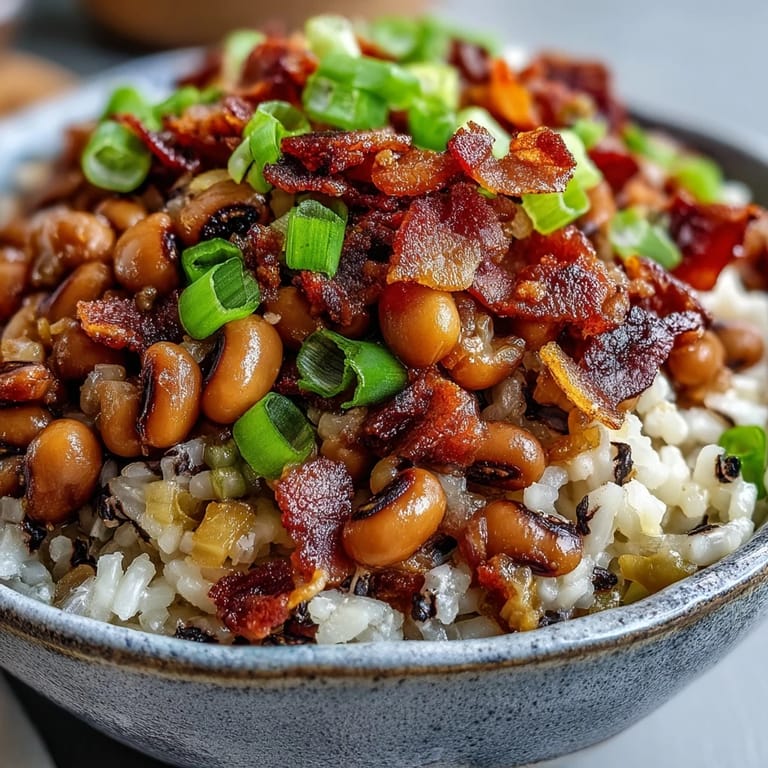 Close-up of Hoppin John served over white rice, topped with crispy bacon and fresh green onions.