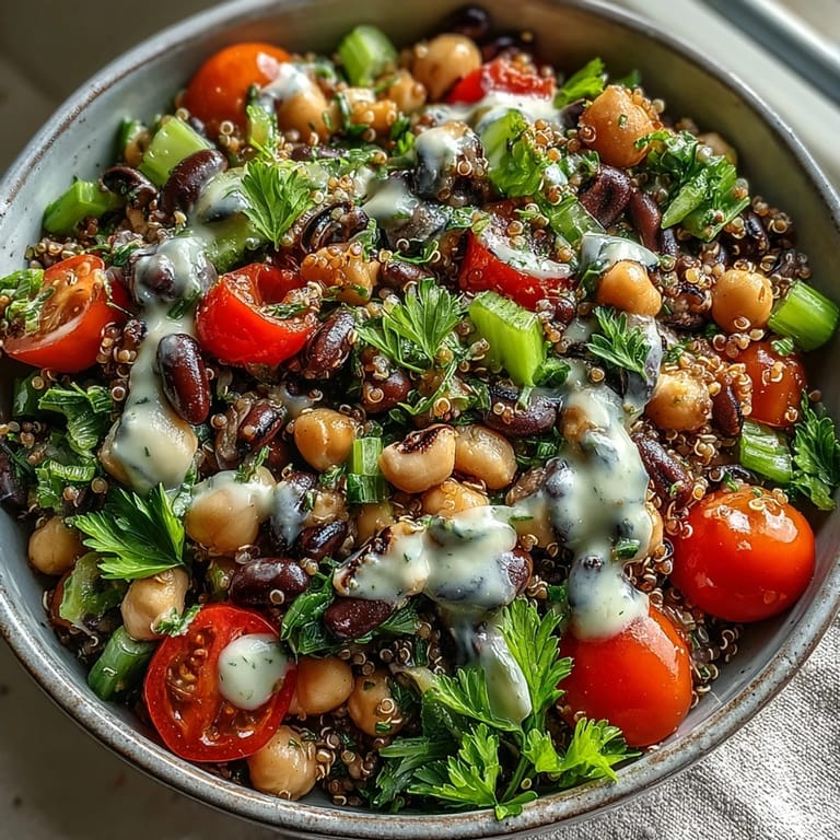 Tossed New Years Hoppin John Salad with chickpeas, black-eyed peas, and crisp vegetables on a white plate, ready to eat.
