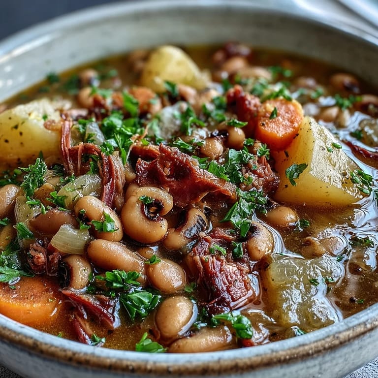 Close-up on Black-Eyed Pea Stew with Smoked Ham Hocks, garnished with fresh parsley and a side of cornbread for a Southern-style meal.