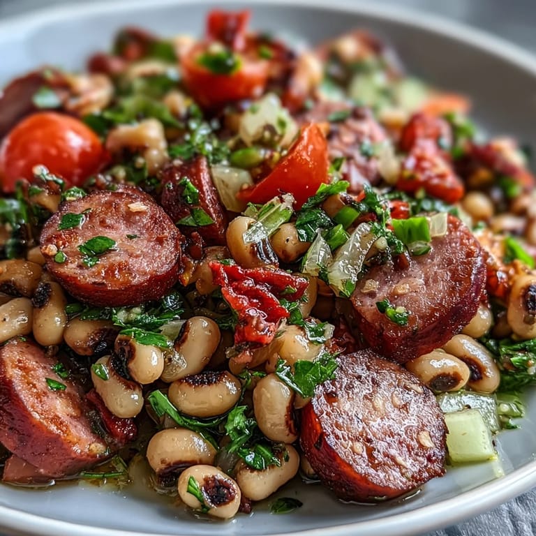 A close-up of Hoppin John Style Black-Eyed Pea Salad with turkey sausage, showcasing a zesty mustard dressing and tarragon.