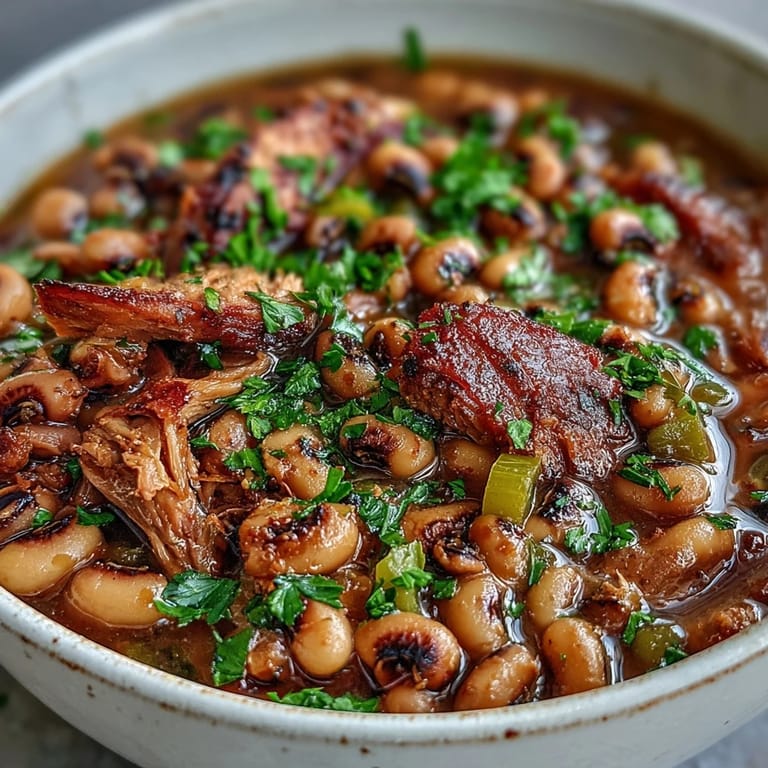Close-up of Classic New Years Black-Eyed Peas showcasing tender peas and smoked pork neck bones in a rich, aromatic broth.