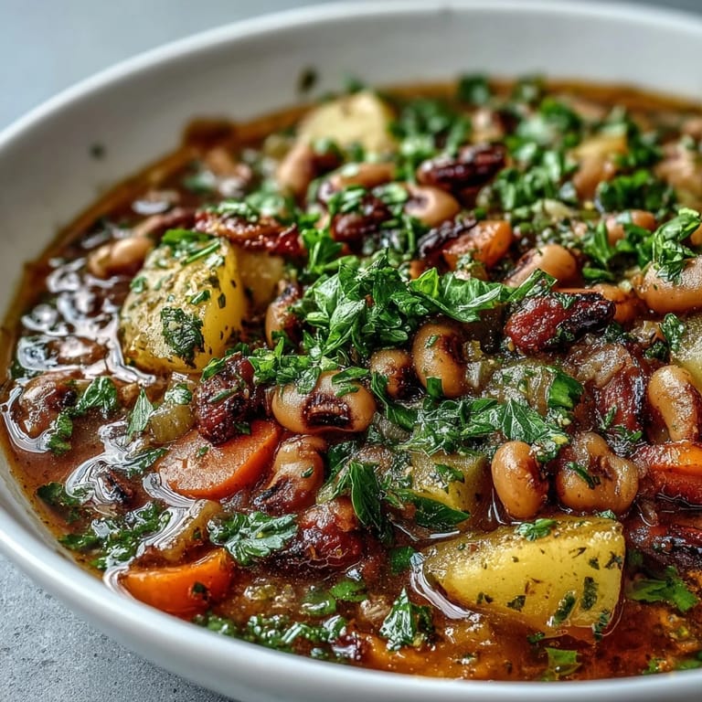 Close-up of Black-Eyed Pea Stew with Chefs Touch, showcasing the rich tomato broth and hearty ingredients.