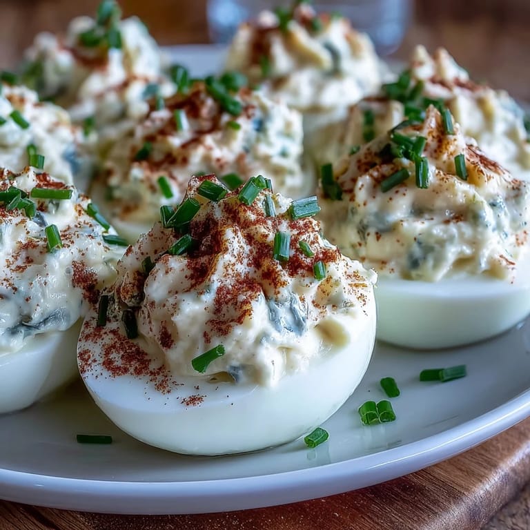 Close-up of piping bag filling Million Dollar Deviled Eggs, with chives and paprika nearby.