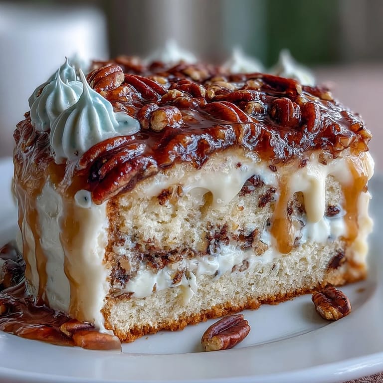 Slice of Butter Pecan Tres Leches Cake revealing moist crumb soaked in milk, topped with caramelized nuts and a cloud of cream.