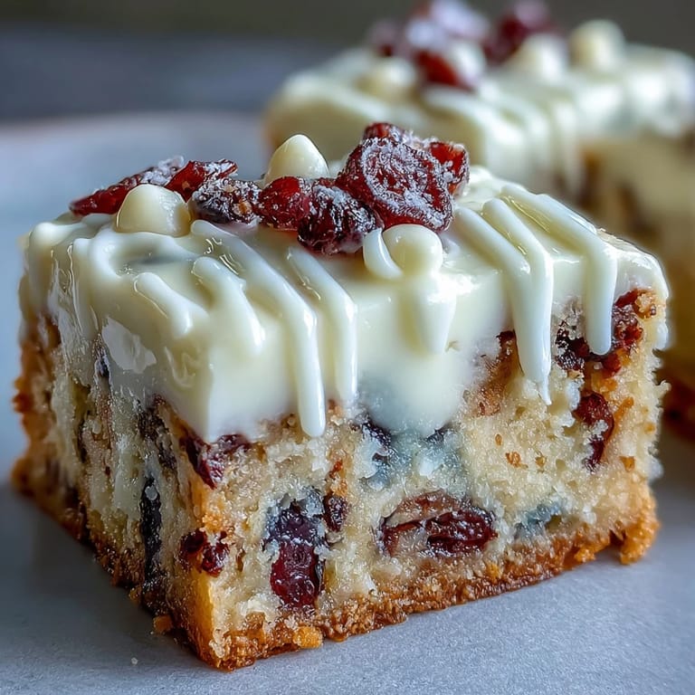 Crumbly cranberry bars with orange cream cheese frosting and a white chocolate drizzle, perfect for holiday platters.