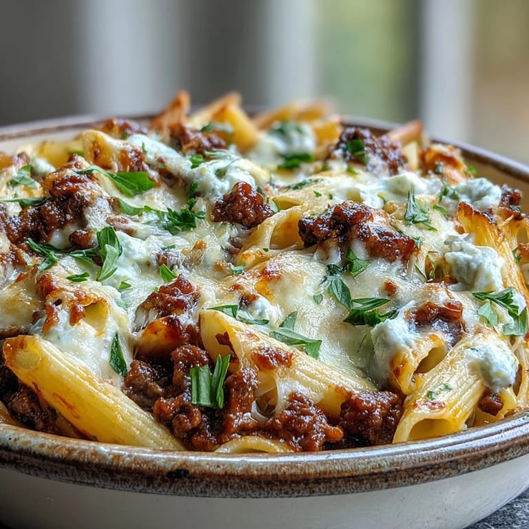 A close-up of Cottage Cheese Protein Pasta Bake with Ground Beef reveals rich tomato sauce, al dente pasta, and creamy cottage cheese layers.