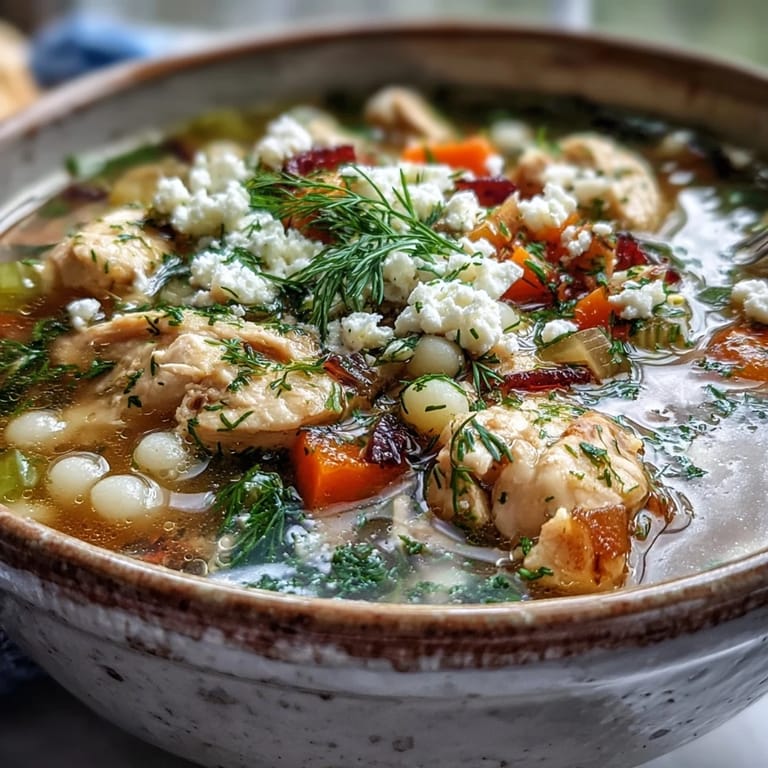 A hearty Greek Chicken & Pearl Couscous Soup garnished with lemon wedges, feta, and dill.
