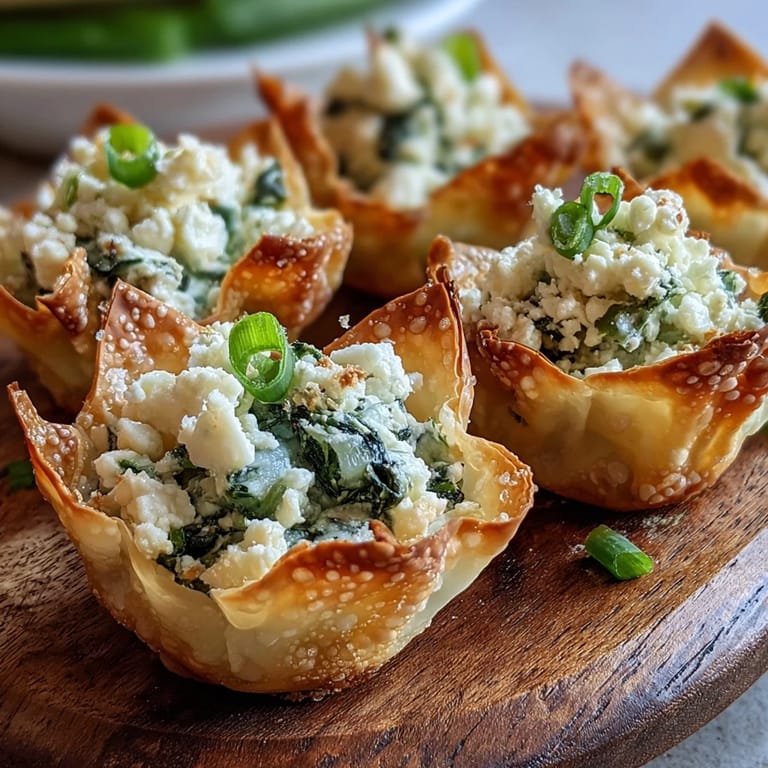 Two savory Crispy Spinach Feta Wonton Cups served on a white plate, perfect for a party appetizer.