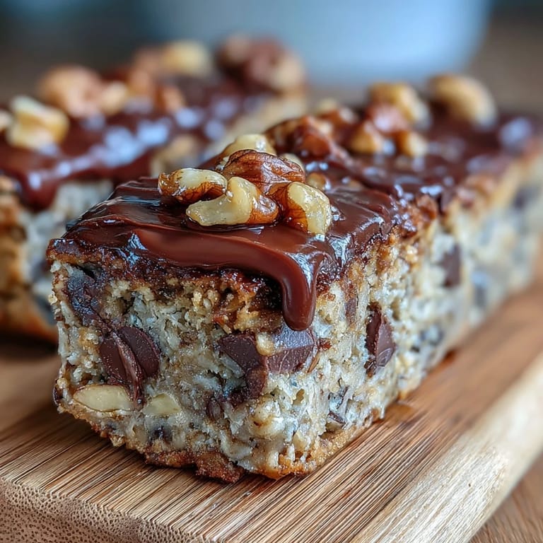 Freshly baked Chunky Monkey Protein Baked Oat Bars arranged on a wire cooling rack with gooey chocolate chips and ripe banana pieces.