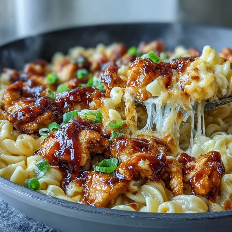 A close-up of a hearty Sticky Honey BBQ Chicken Pasta Skillet, featuring cheesy macaroni and glazed chicken ready to be served for dinner.