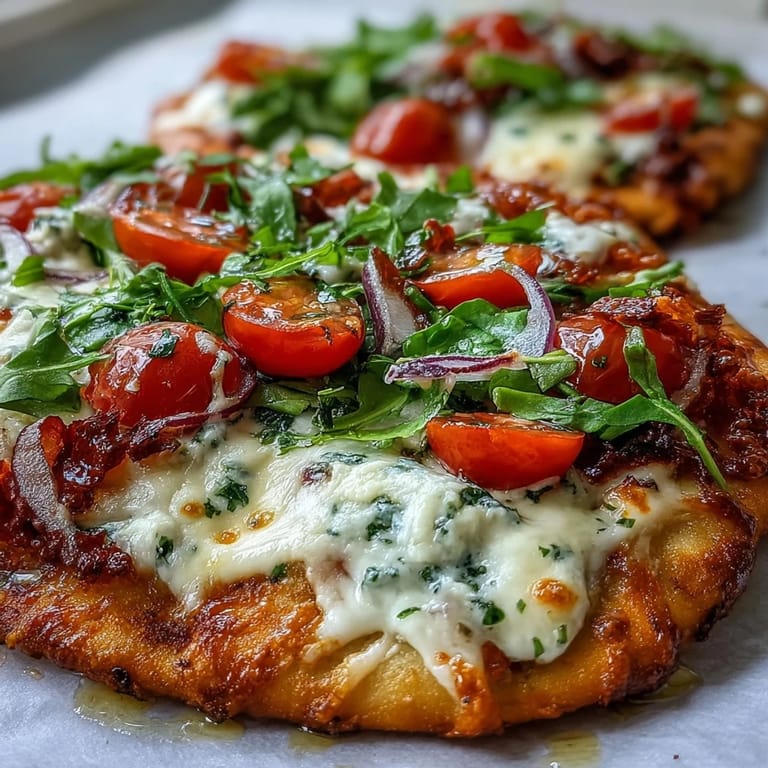 Freshly baked Crispy Garlic Parmesan Naan Pizza slices served warm on a rustic wooden board.
