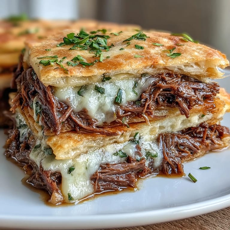 Slow-cooked shredded beef pot roast melds with gooey mozzarella inside golden garlic naan, a comforting French dip fusion.