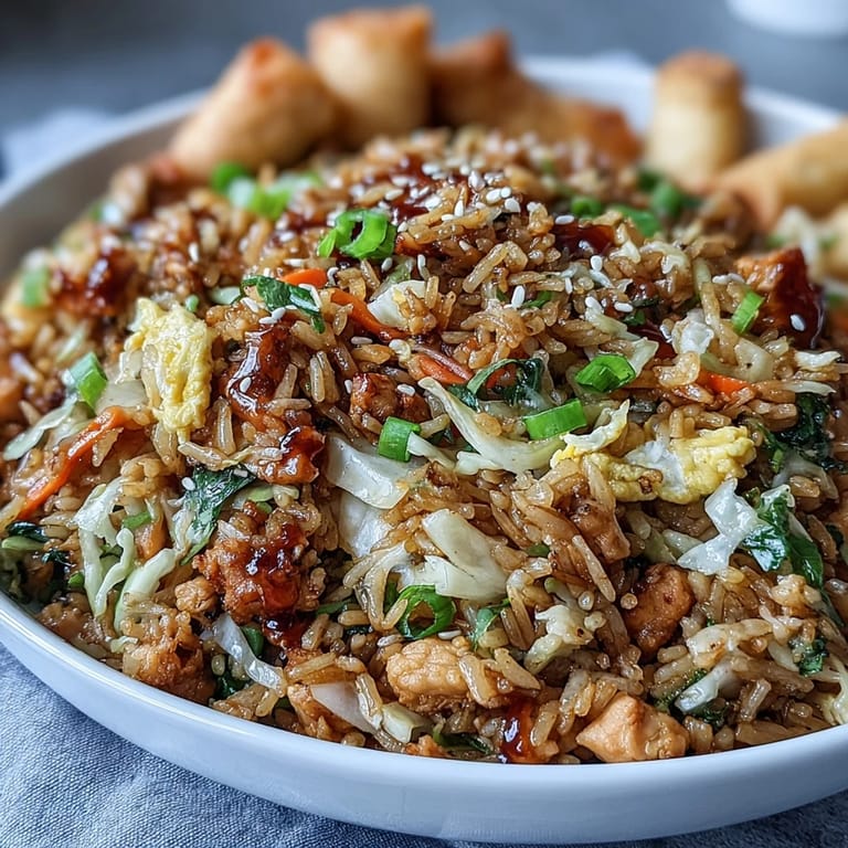 Close-up of Crispy Chicken Fried Rice showing tender chicken, crisp cabbage, and fluffy jasmine rice stir-fried with savory soy sauce.