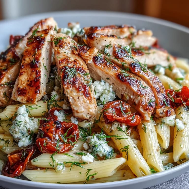 Perfectly cooked penne pasta tossed with roasted chicken, sweet garlic, cherry tomatoes, and crumbled feta cheese.