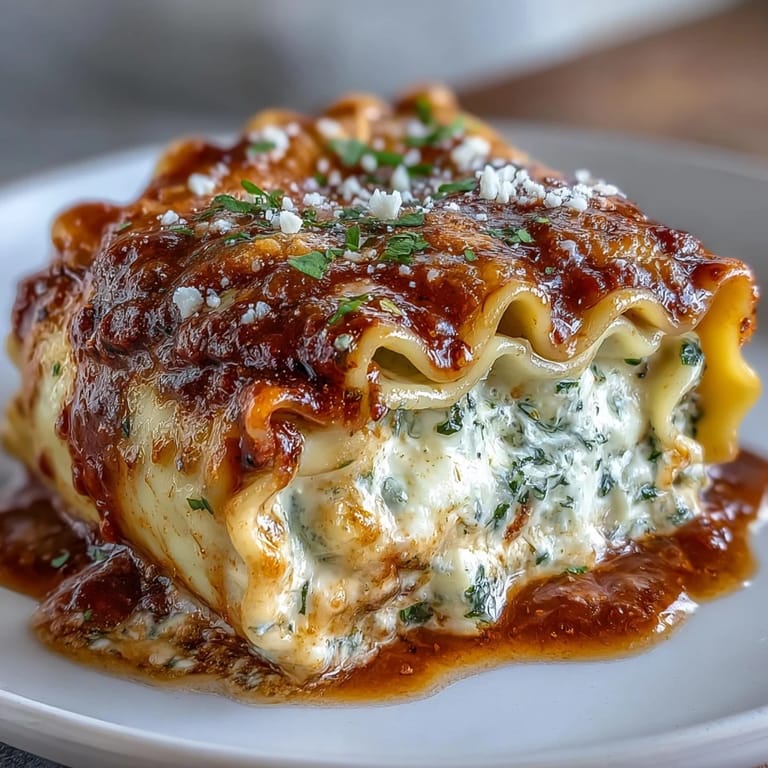 Close-up view of cheesy Garlic Butter Lasagna Roll-Ups featuring ricotta, spinach, and a rich garlic butter sauce.