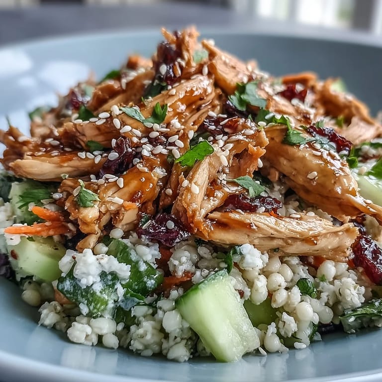 The Asian Sesame Chicken Couscous Salad is tossed with sesame-soy dressing and topped with fresh cilantro, mint, and toasted sesame seeds.