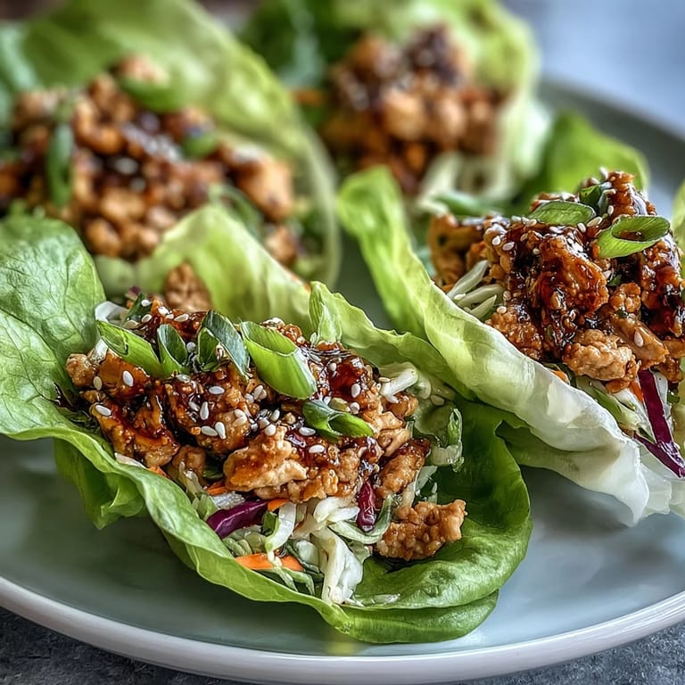 Juicy Potsticker-Inspired Chicken Lettuce Boats topped with crunchy purple cabbage, carrots, and sesame seeds on a white plate.