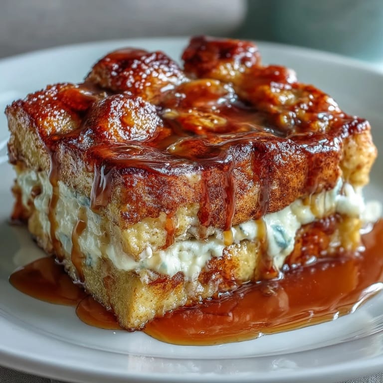 Slices of soft Caramel Cream Cheese French Toast Casserole served warm with fresh strawberries on a plate. 