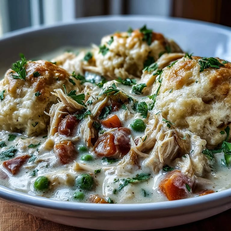 Spoonfuls of biscuit dough bake over creamy chicken broth; served steaming hot for a comforting family dinner.