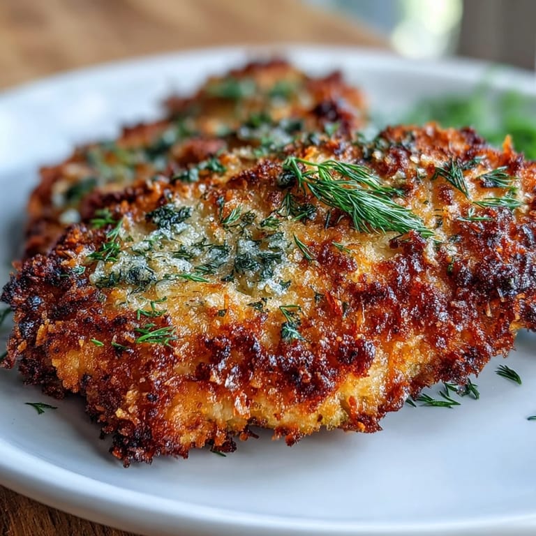 Perfectly cooked Crispy Dill Pickle Parmesan Chicken features a golden Parmesan crust with visible herbs on a white plate.
