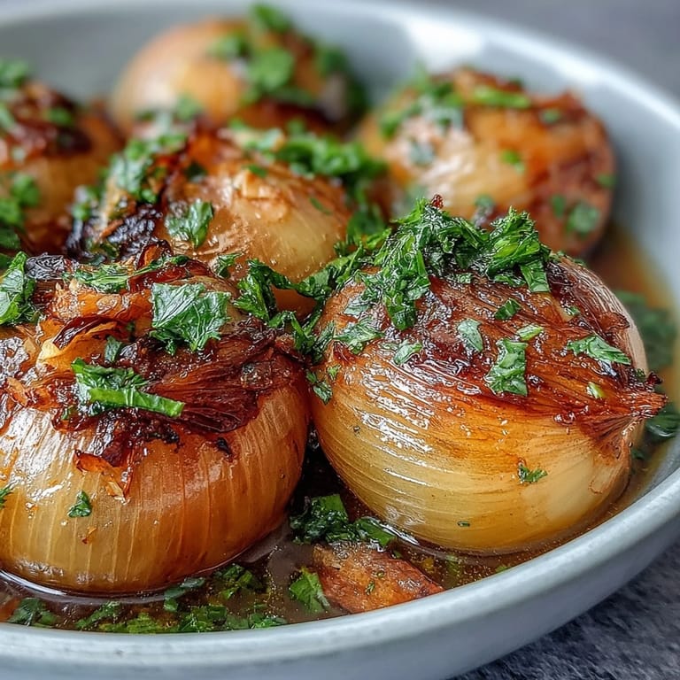 Close-up of buttery onion boil ASMR with smashed garlic and bay leaf, steaming in a rustic pot for a comforting dinner.