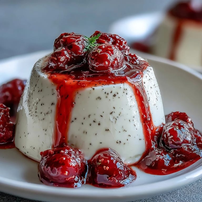 Creamy, chilled cardamom panna cotta garnished with mixed berries, ready to serve.