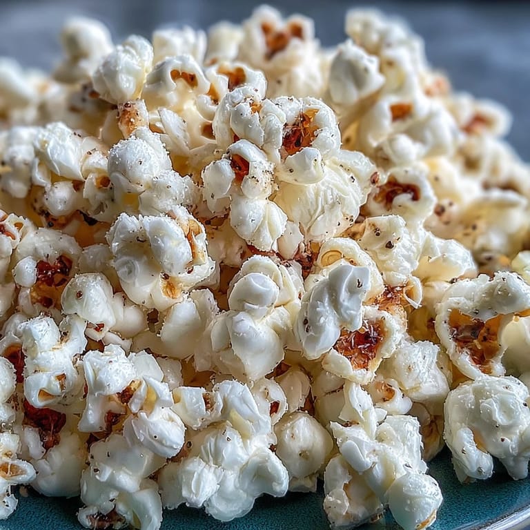 Air-popped kernels coated in shimmering truffle oil, ready for an elegant snack pairing.