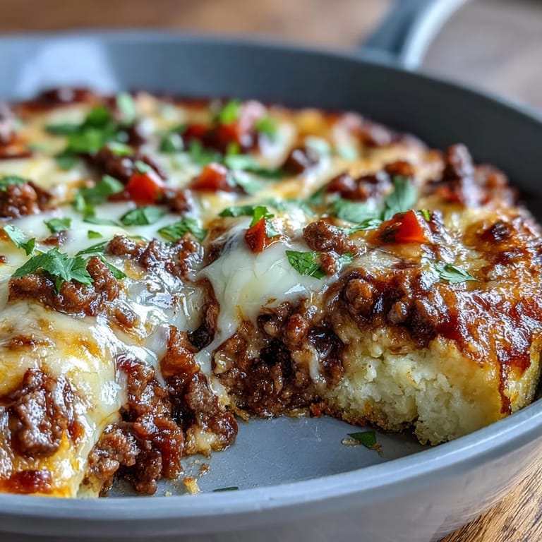 Fresh diced tomatoes and cilantro garnish this keto-friendly Cheesy Cauliflower Crust Taco Skillet, ready to serve.