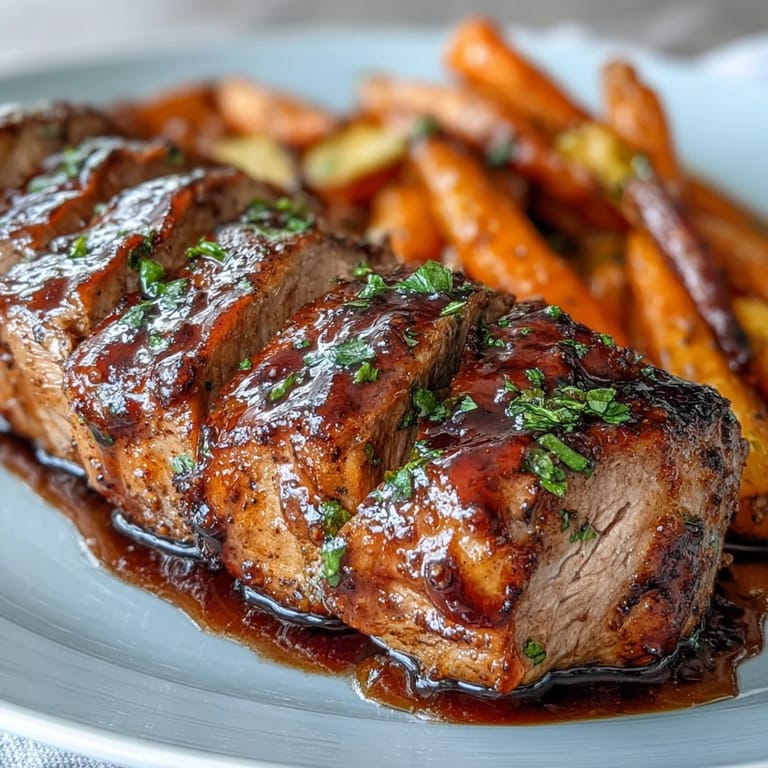 Glazed One-Pan Honey Balsamic Pork Tenderloin with rainbow carrots resting before slicing for dinner. 