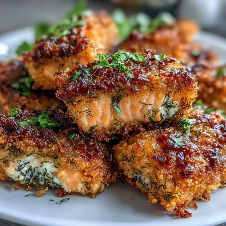 Tender salmon pieces coated in seasoned panko breadcrumbs, baked until crunchy and served hot with dipping sauce.  