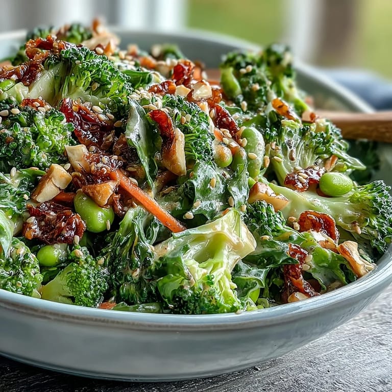 Crunchy broccoli salad packed with fresh veggies, shelled edamame, and a savory soy-rice vinegar dressing, perfect for a healthy side dish.