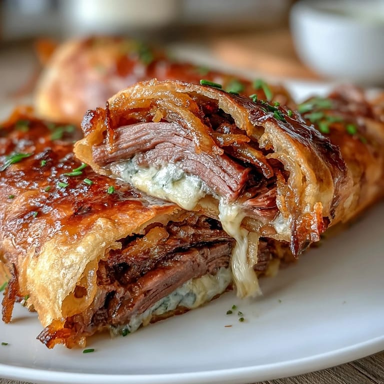 Savory French dip flavors wrapped in a flour tortilla, layered with deli roast beef, cheese, and fried onions, baked until crisp and paired with rich dipping sauce.  