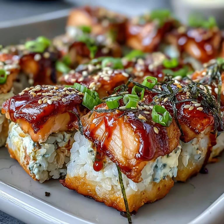Deconstructed salmon sushi roll bake featuring seasoned rice, creamy seafood filling, and seaweed snacks for serving.