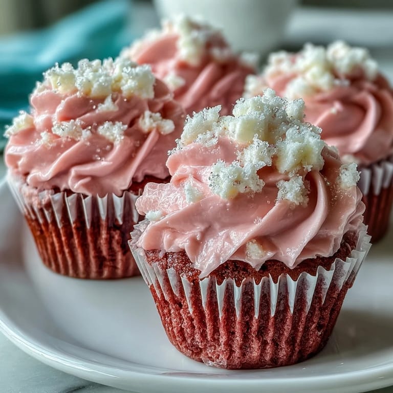 Decadent pink velvet cupcakes with rich cream cheese frosting, decorated with festive sprinkles and edible glitter.  