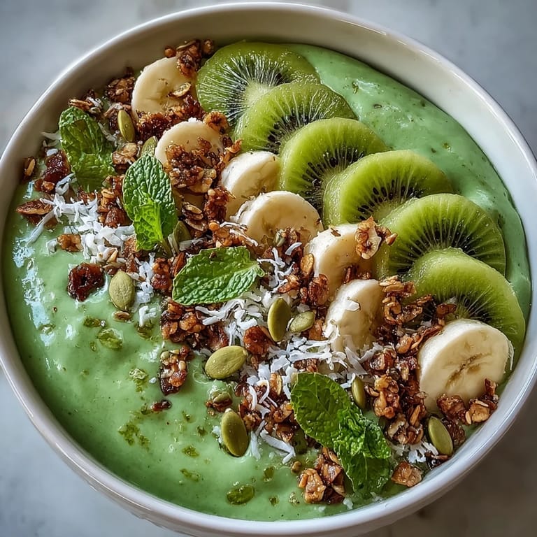 Vibrant green smoothie bowl featuring kiwi, spinach, and banana, decorated with seeds, mint, and tropical toppings.