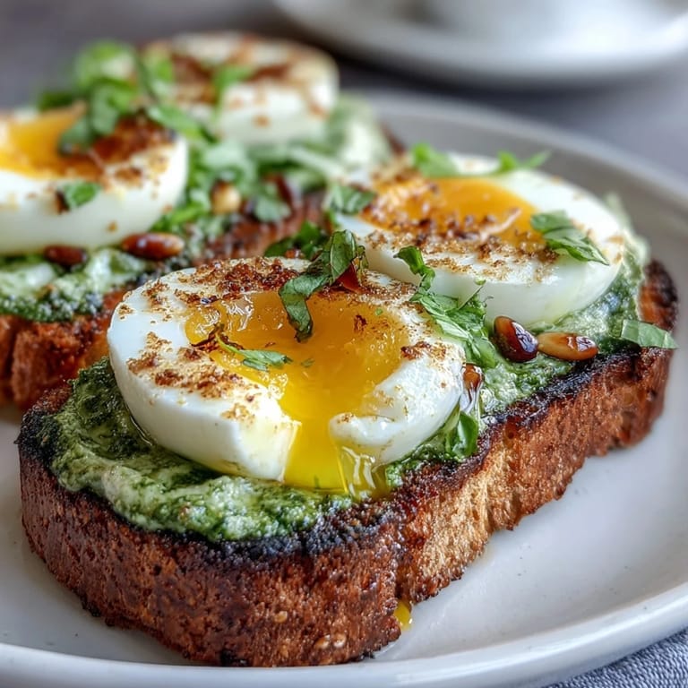 Creamy spinach pesto on golden sourdough toast, topped with a perfectly soft-boiled egg and fresh microgreens.  