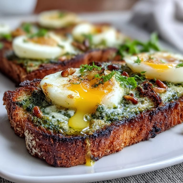 Homemade spinach pesto and soft-boiled egg on toasted sourdough, garnished with flaky sea salt and chili flakes.