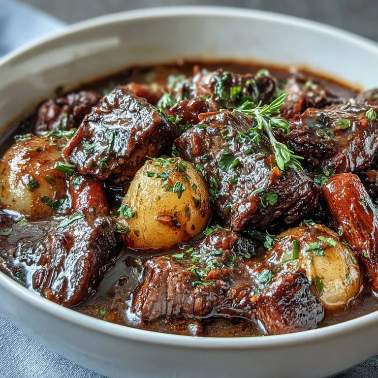 Slow-simmered Guinness beef stew with pearl barley, carrots, parsnips, and potatoes in a deep, savory broth.