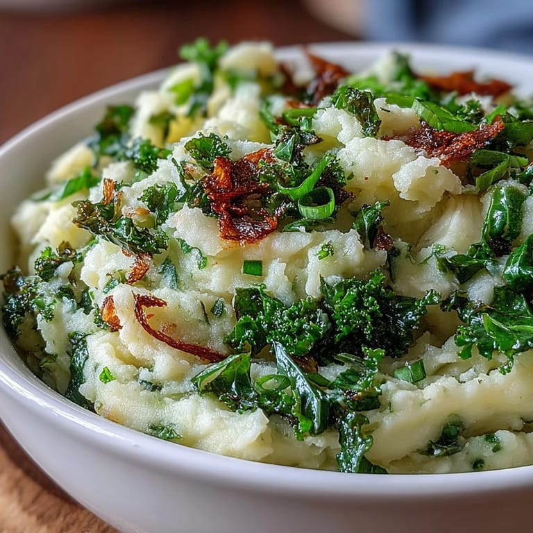 Traditional Irish colcannon potatoes made modern with tender leeks and crunchy kale garnish for textural contrast.