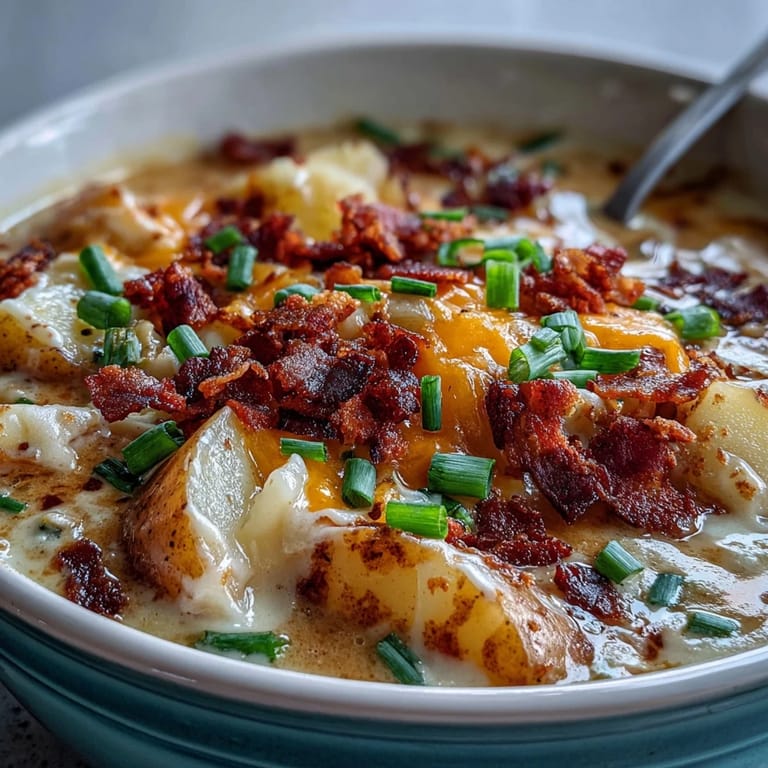 Velvety potato soup topped with melted cheddar, green onions, and crumbled turkey bacon for St. Patrick's Day.