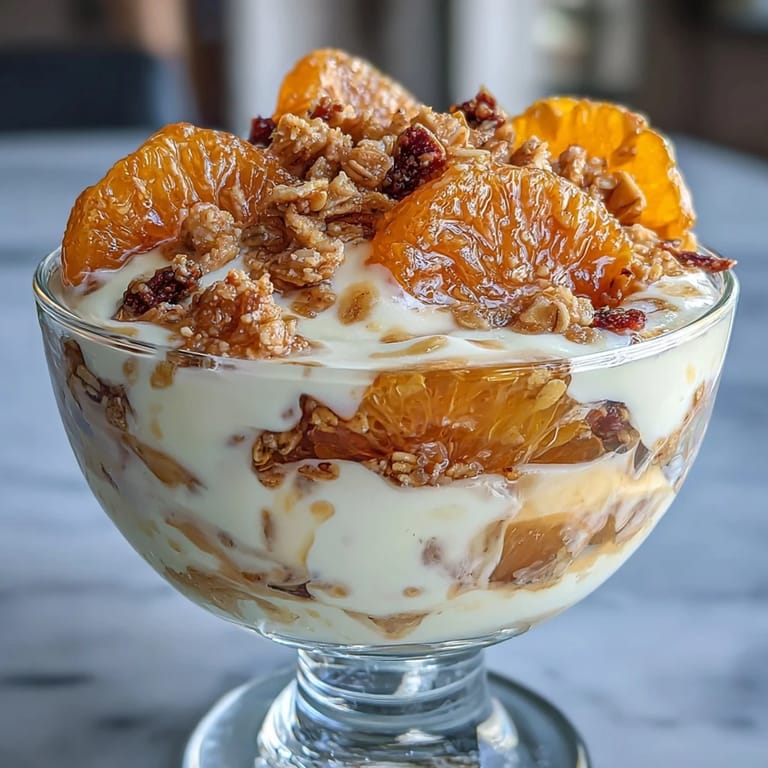 Creamy Greek yogurt layered with sweet candied oranges and crunchy granola, garnished with toasted almonds and mint leaves.