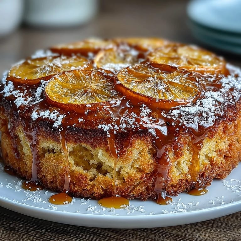 Fragrant orange-scented olive oil cake with tender almond flour crumb, decorated with glistening candied citrus rounds.