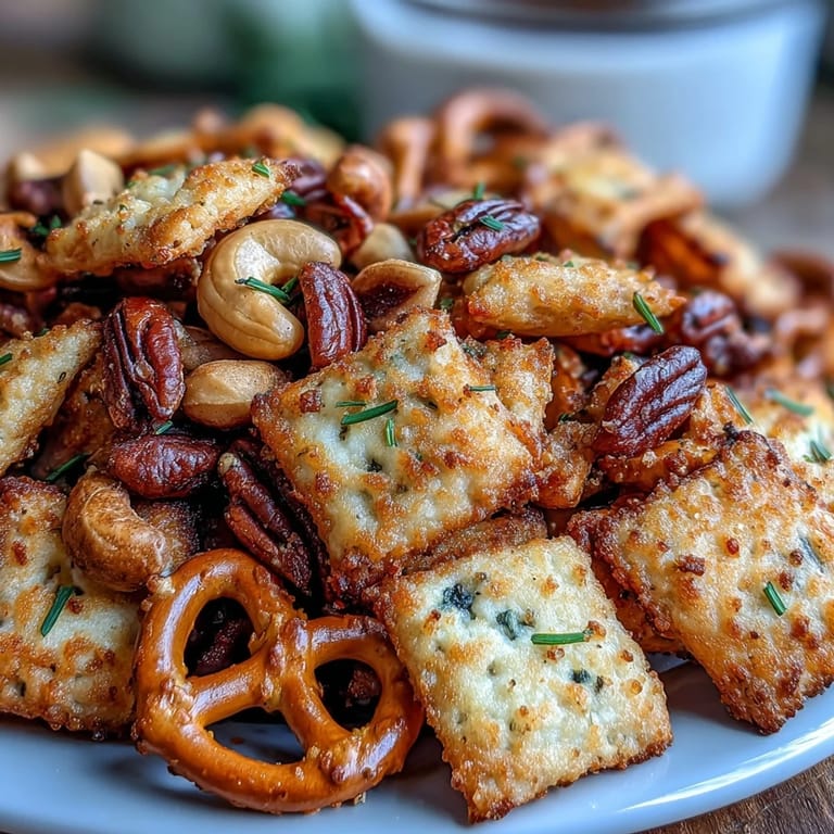 Golden sourdough Cheez-Its combined with pretzels and mixed nuts for a tangy, crunchy homemade snack mix.  