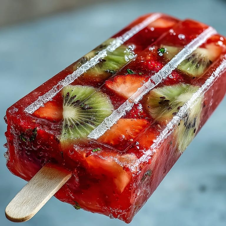 Refreshing Strawberry Daiquiri Popsicles studded with colorful kiwi, mango, and pineapple chunks, perfect for poolside parties.