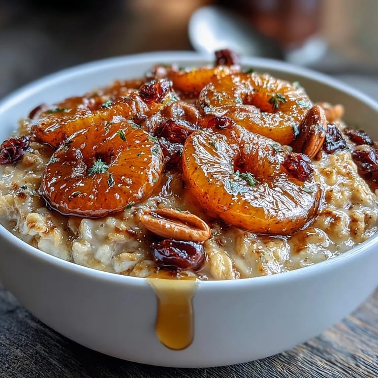 Creamy oatmeal topped with tender candied orange slices, tart dried cranberries, and toasted almonds, drizzled with maple syrup for added sweetness.
